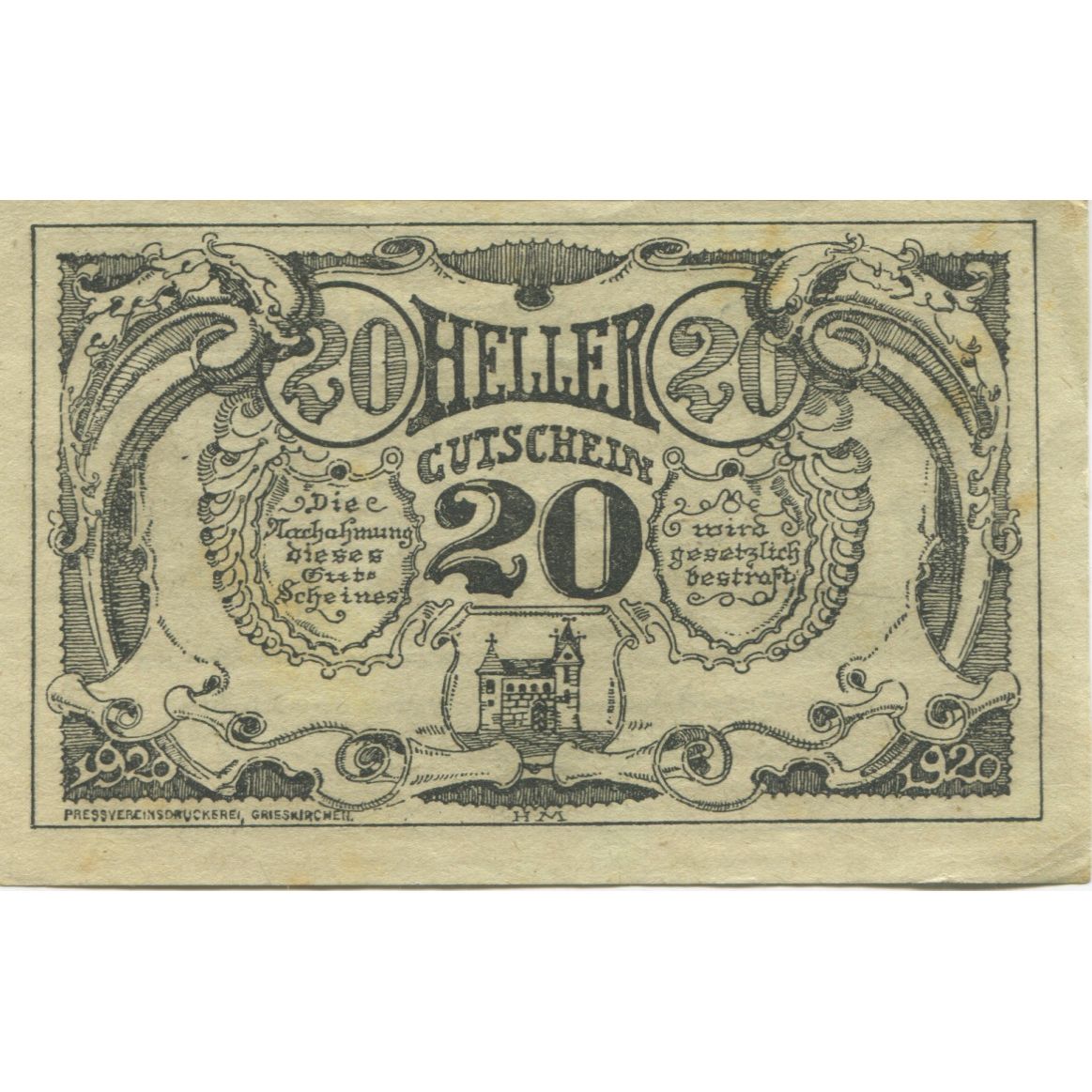 Banknote, Austria, Grieskirchen, 20 Heller, rue, 1920 UNC(63) Mehl:FS 288IIIa