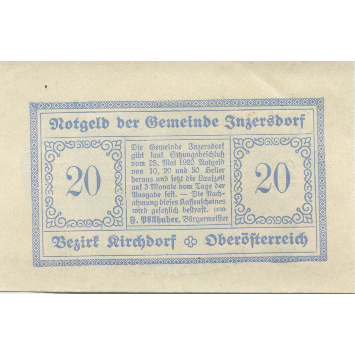 Banconote, Austria, Inzersdorf, 20 Heller, château 1, 1920 SPL Mehl:FS 415Ia