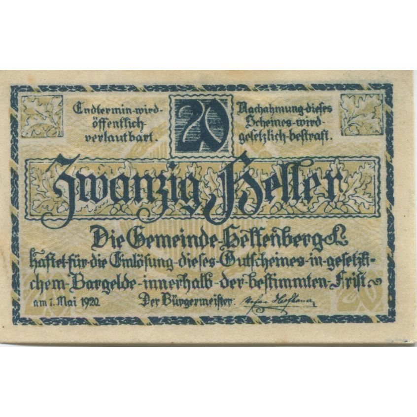 Banconote, Austria, Helfenberg, 20 Heller, Eglise, 1920, SPL, Mehl:FS 363a