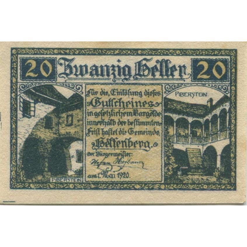 Banconote, Austria, Helfenberg, 20 Heller, Eglise, 1920, SPL, Mehl:FS 363a