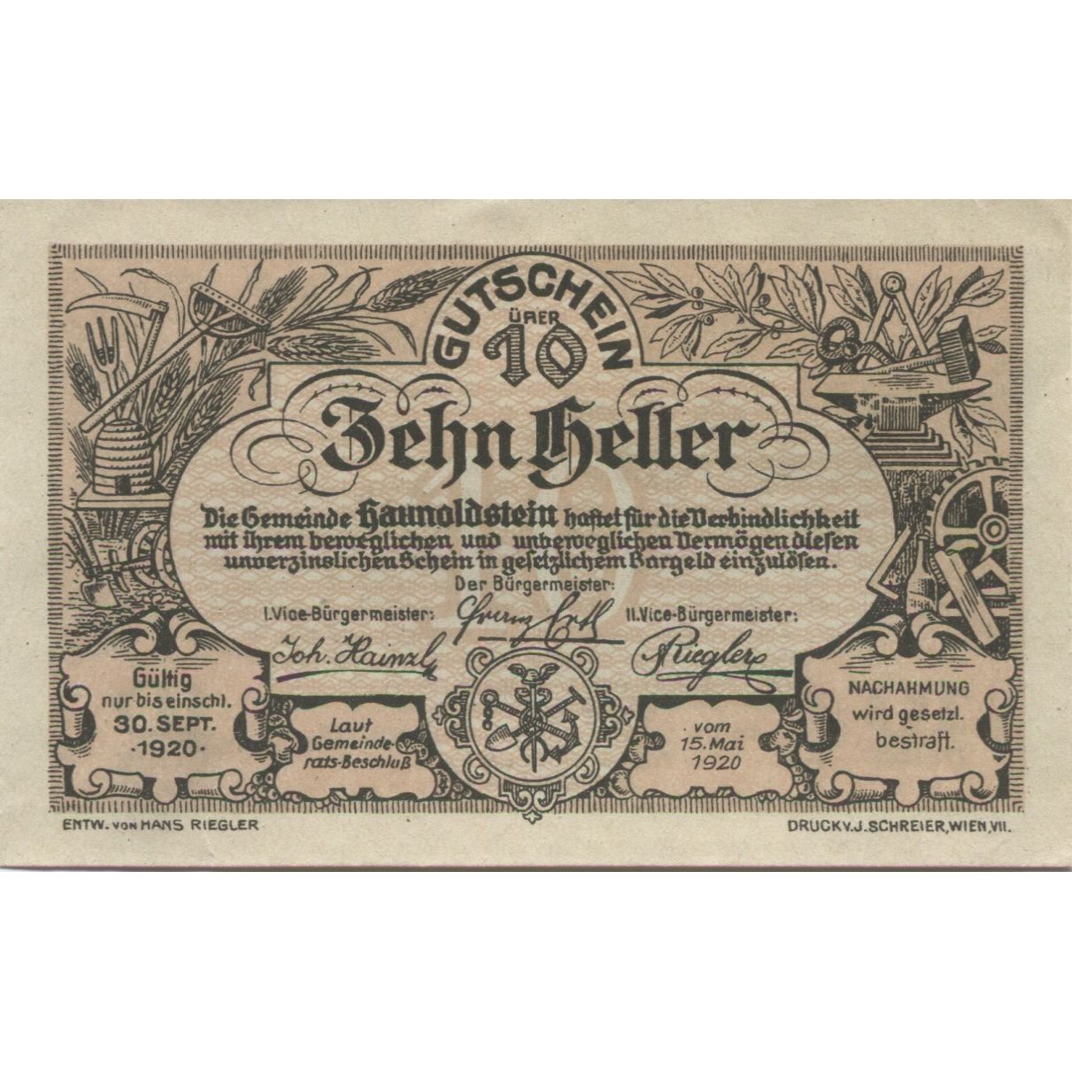 Banknote, Austria, Haunoldstein, 10 Heller, paysage, 1920 UNC(63) Mehl:FS 356