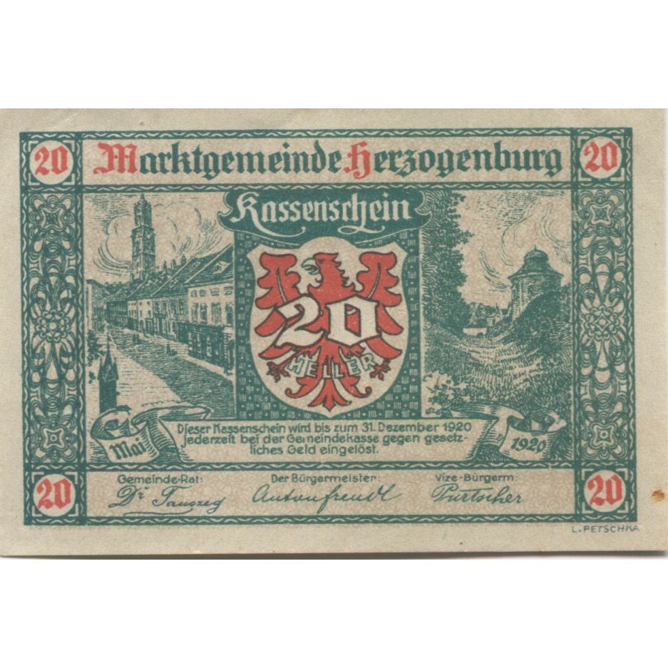 Banknote, Austria, Herzogenburg, 20 Heller, rue, 1920 UNC(63) Mehl:FS 367