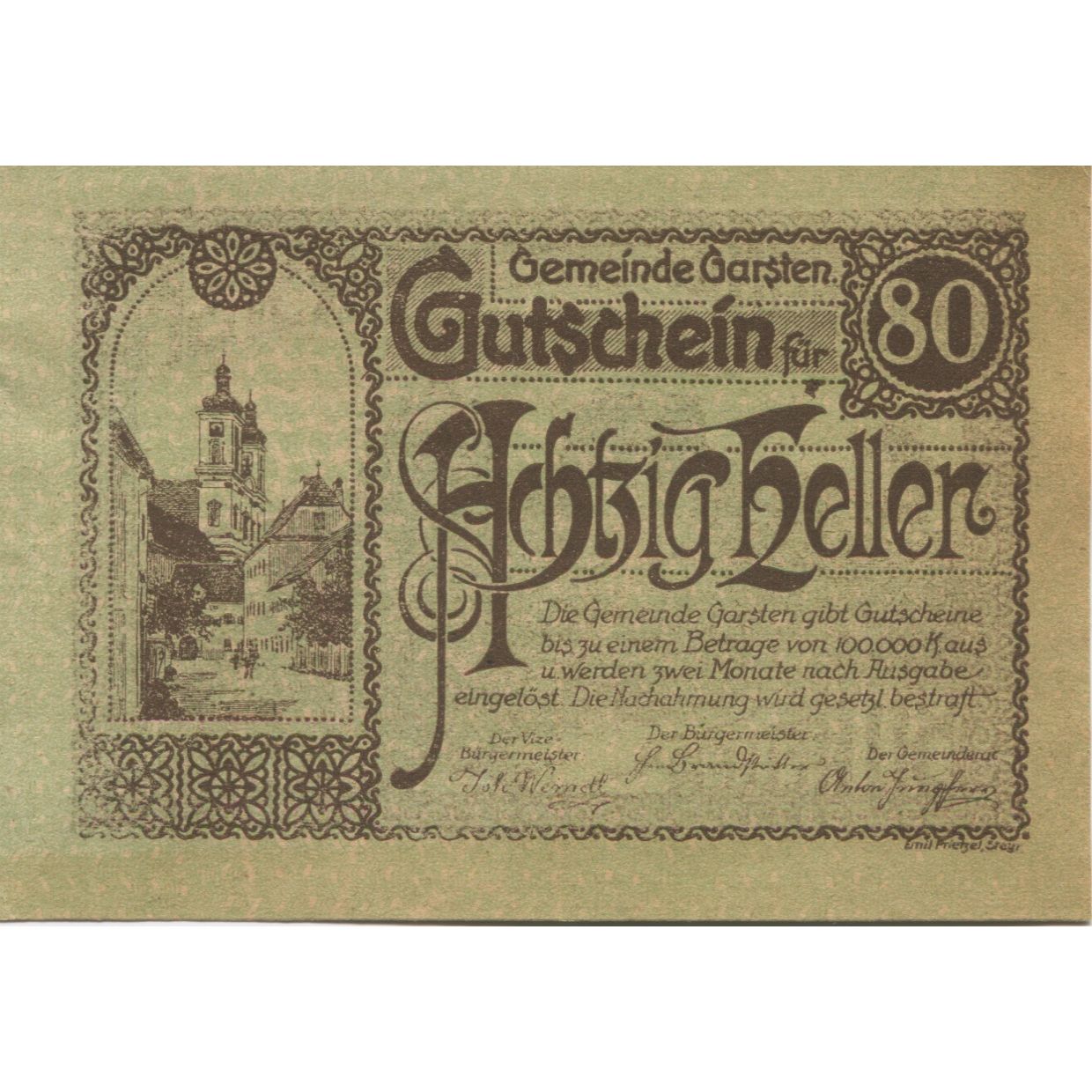 Banknote, Austria, Garsten, 80 Heller, Eglise, 1920, UNC(63), Mehl:FS 224