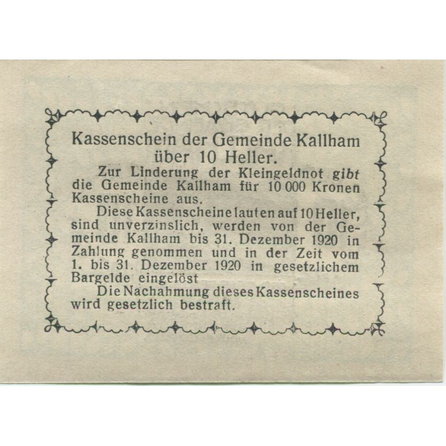 Banknote, Austria, Kallham, 10 Heller, école, 1920 UNC(63), Mehl:FS 422a