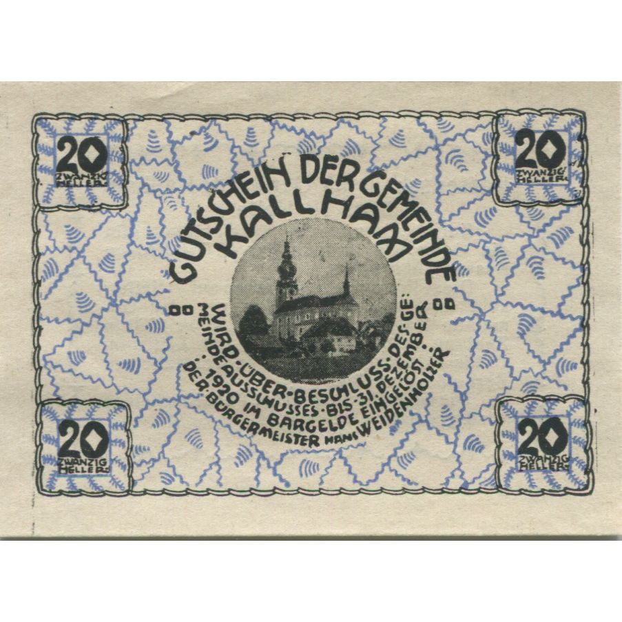 Banknote, Austria, Kallham, 20 Heller, Eglise, 1920 UNC(63) Mehl:FS 422a