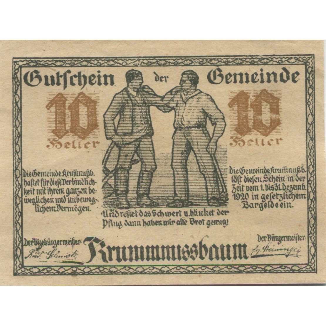 Billete, Austria, Krummnusssbaum, 10 Heller, personnage, 1920 SC Mehl:FS 488Ia
