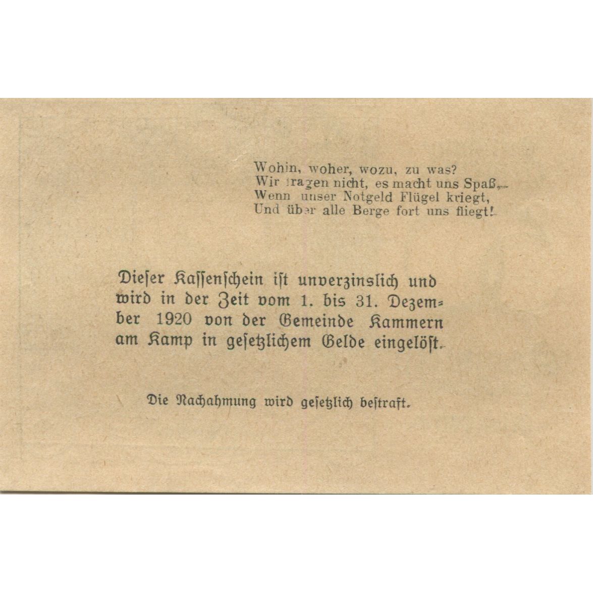 Banknote, Austria, Kammern am Kamp, 50 Heller, mairie, 1920 UNC(63) Mehl:FS 424