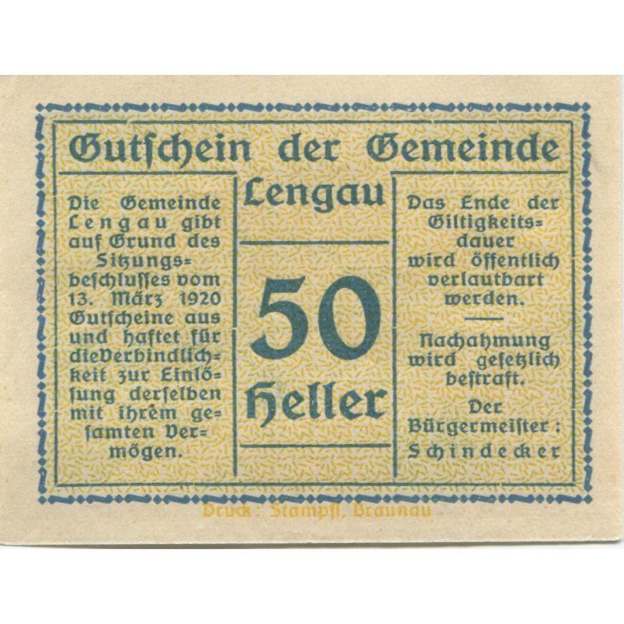 Banknote, Austria, Lengau, 50 Heller, Eglise 1920-03-13, UNC(63), Mehl:FS 512