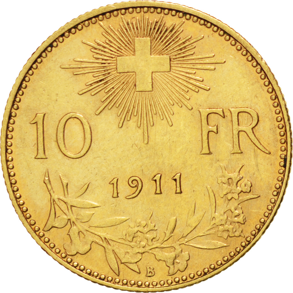 SWITZERLAND, 10 Francs, 1911, Bern, KM #36, EF(40-45), Gold, 3.23