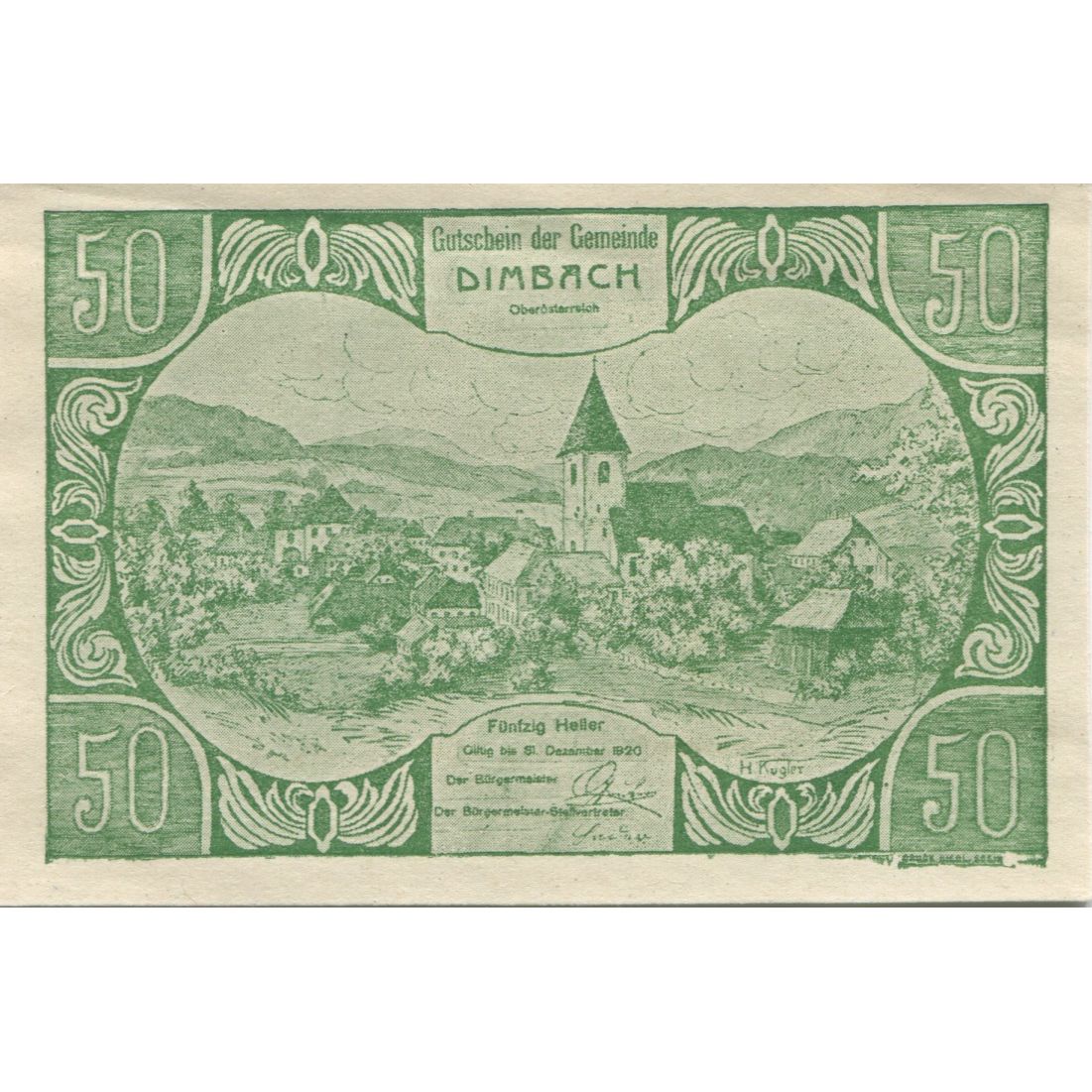 Billete, Austria, Dimbach, 50 Heller, village 1920-12-31, SC Mehl:FS 125a