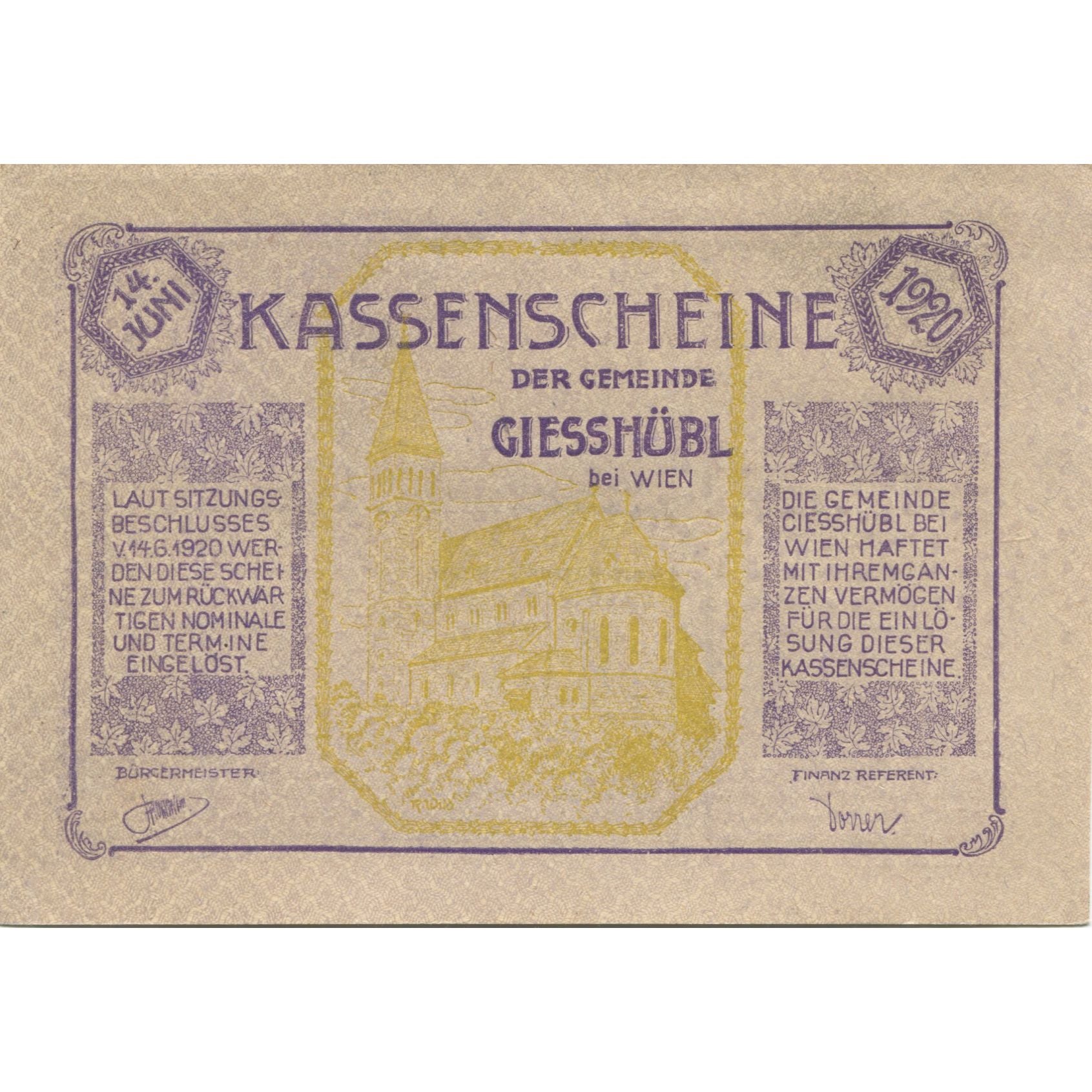 Banknote, Austria, Giesshübl, 95 Heller, Eglise 1, 1921 UNC(63) Mehl:FS 235SS