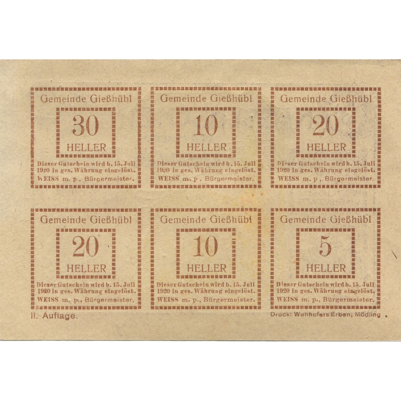 Banknote, Austria, Giesshübl, 95 Heller, Eglise 1, 1921 UNC(63) Mehl:FS 235SS