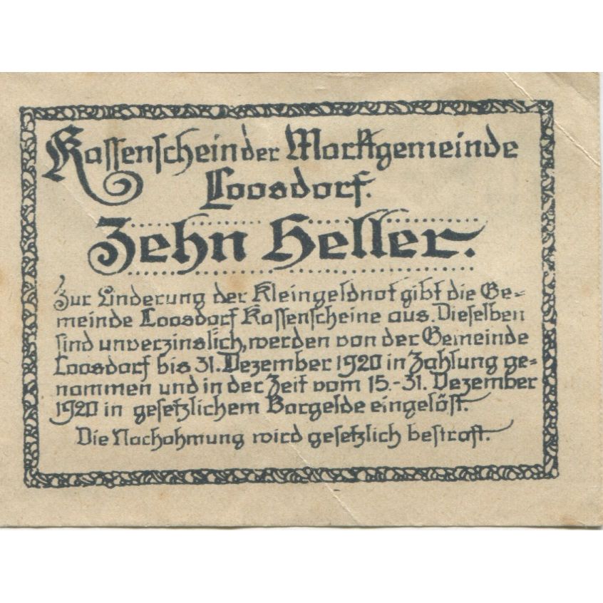 Banknote, Austria, Loosdorf, 10 Heller, personnage, 1920 UNC(63) Mehl:FS 563a
