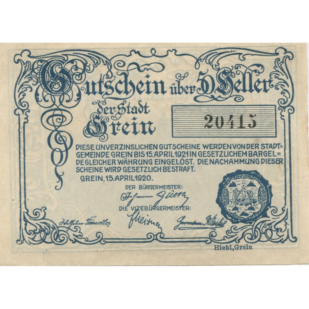 Banknote, Austria, Grein, 50 Heller, village, 1920 UNC(63), Mehl:FS 276IIc