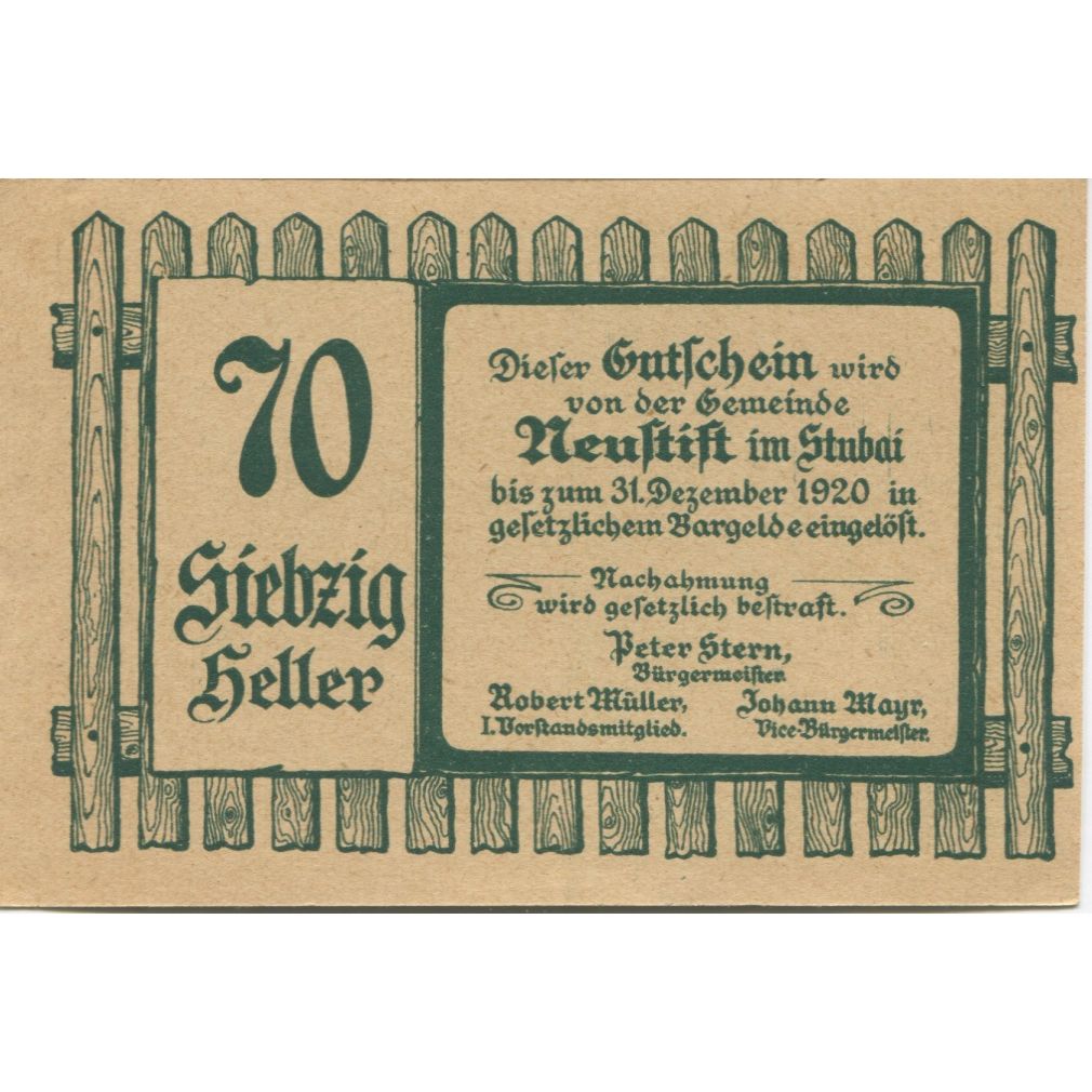 Banknote, Austria, Neustift, 70 Heller, neige, 1920 UNC(63) Mehl:FS 667