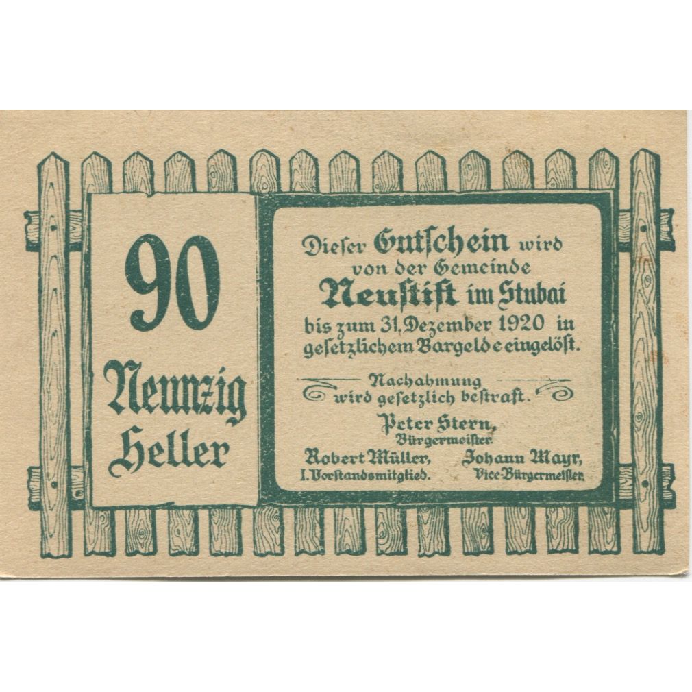 Banknote, Austria, Neustift, 90 Heller, paysage, 1920 UNC(63) Mehl:FS 667