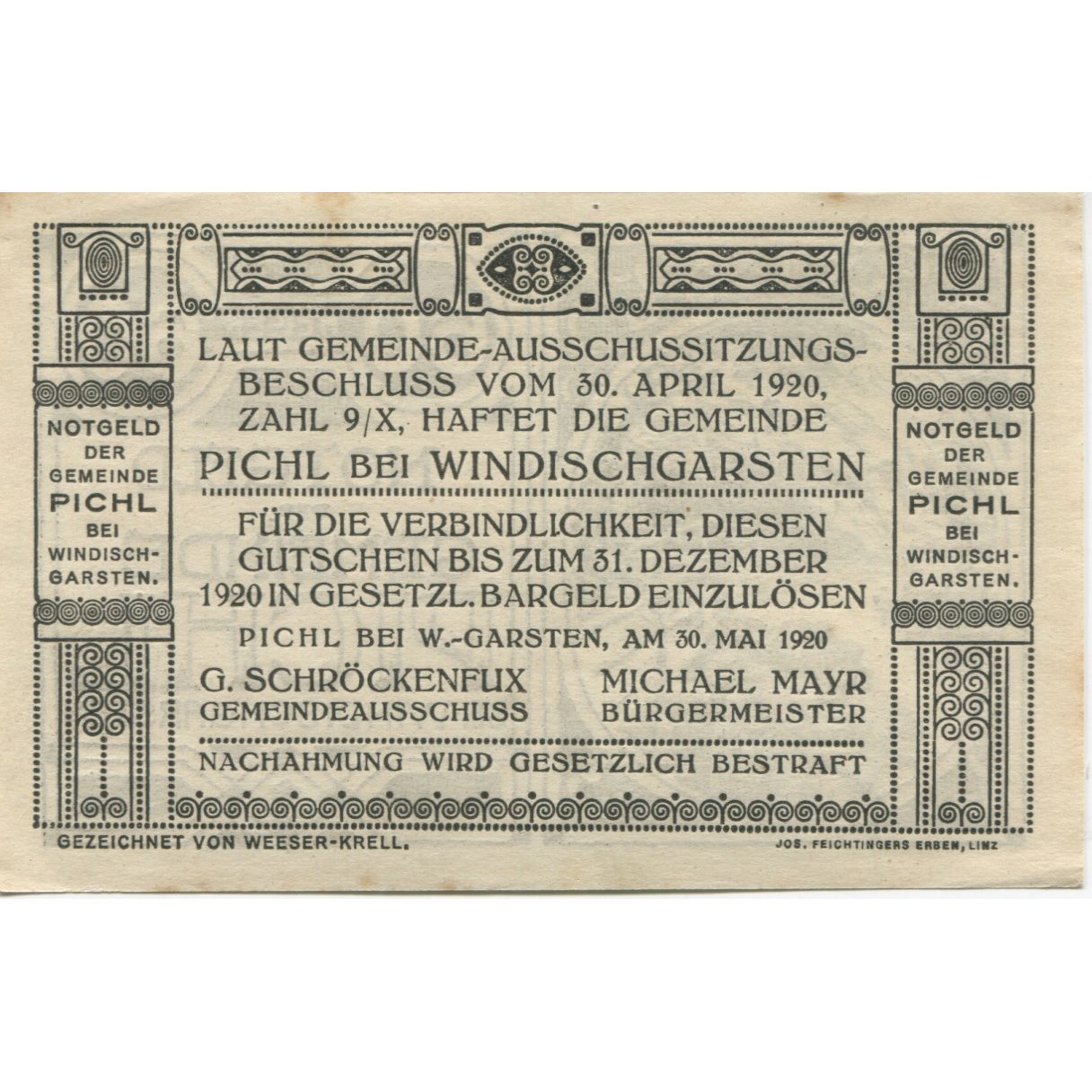 Banknote, Austria, Pichl, 60 Heller, lac 1920-12-31, UNC(60-62) Mehl: FS 748Ig