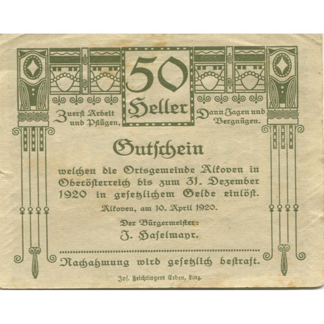 Banknote, Austria, Alkoven, 50 Heller, champs, 1920 AU(55-58) Mehl:FS 18Ia