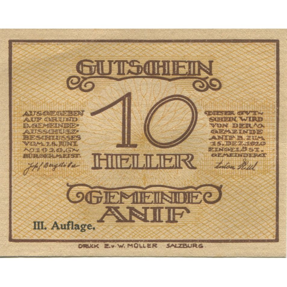 Banknote, Austria, Anif, 10 Heller, paysage 1920-12-15, UNC(63), Mehl:FS 43a