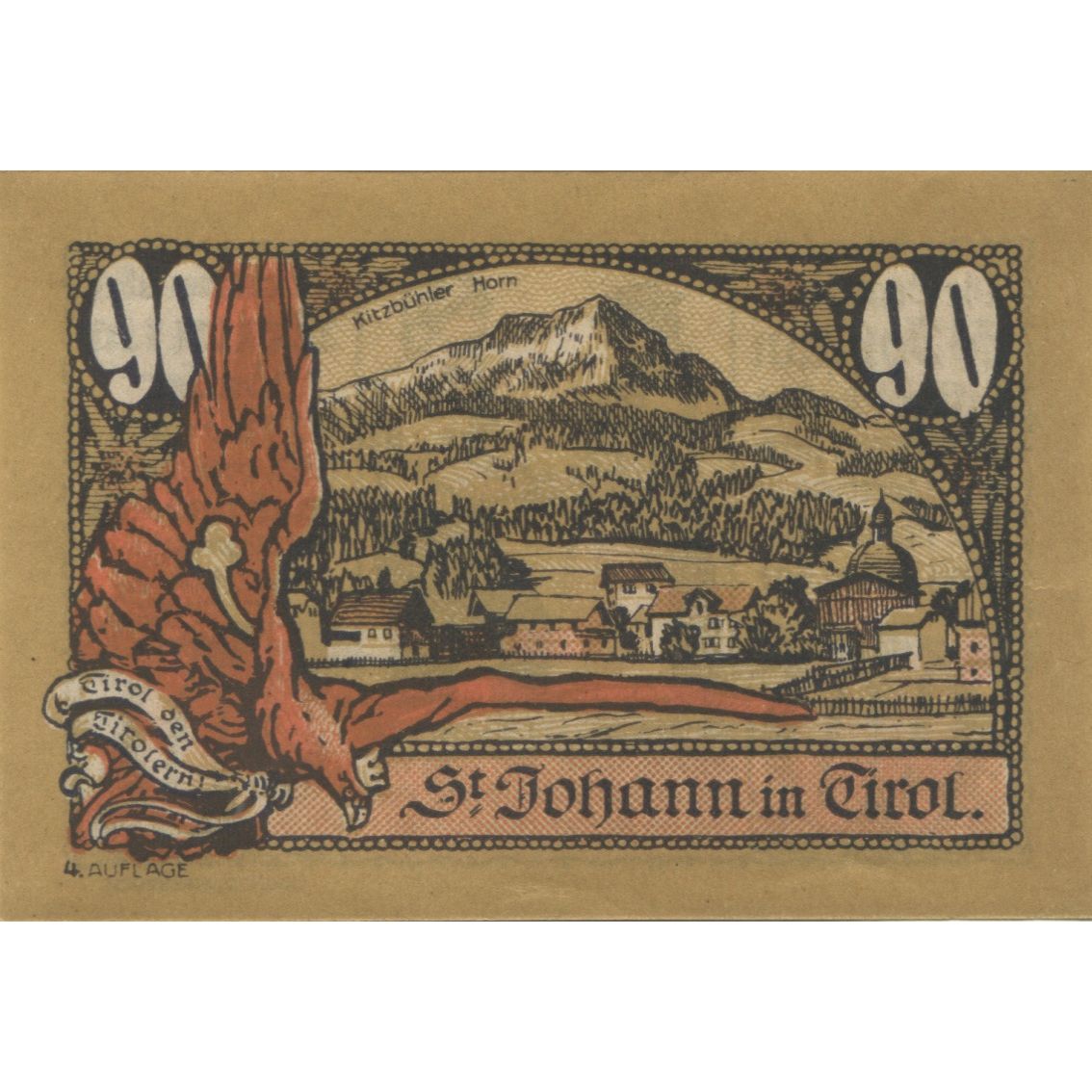 Geldschein, Österreich, St Johann, 90 Heller, paysage, 1921 UNZ- Mehl:FS 898d