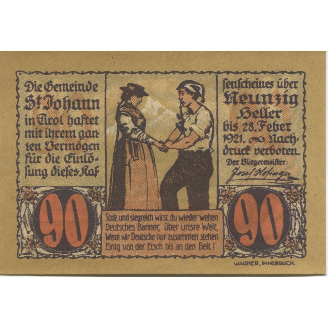 Geldschein, Österreich, St Johann, 90 Heller, paysage, 1921 UNZ- Mehl:FS 898d