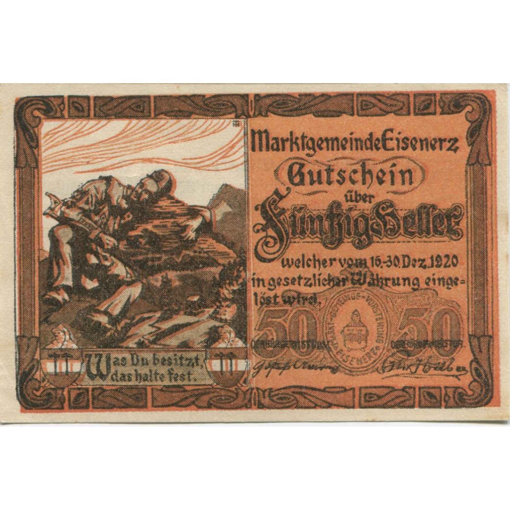 Billete, Austria, Eisenerz, 50 Heller, personnage 1920-12-31, SC, Mehl:FS 169