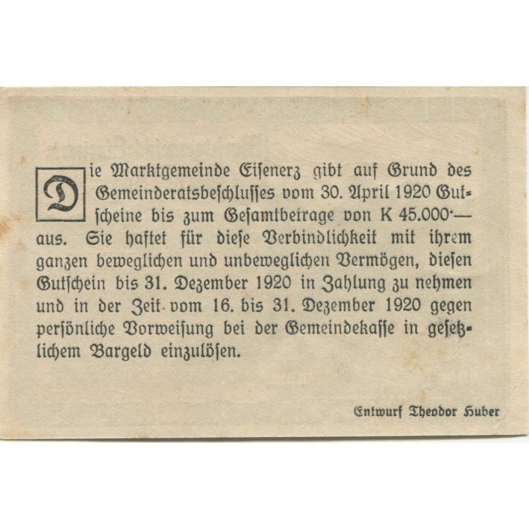 Billete, Austria, Eisenerz, 50 Heller, personnage 1920-12-31, SC, Mehl:FS 169