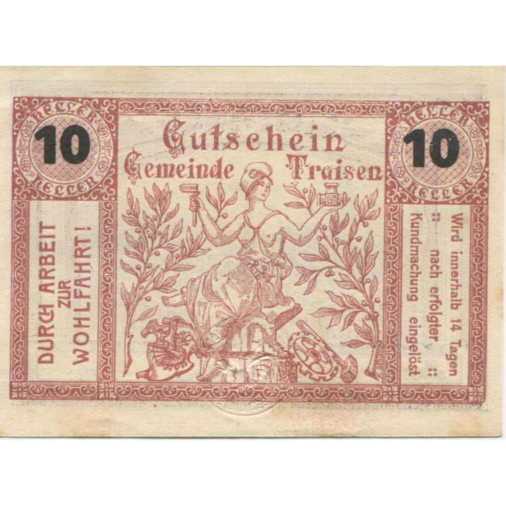 Banknote Austria Traisen 10 Heller personnage, 1920, AU(55-58), Mehl:FS 1076IIb