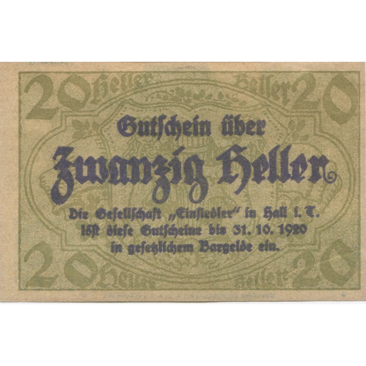 Billete, Austria, Hall, 20 Heller, place, 1920, 1920-10-31, SC, Mehl:FS 343a