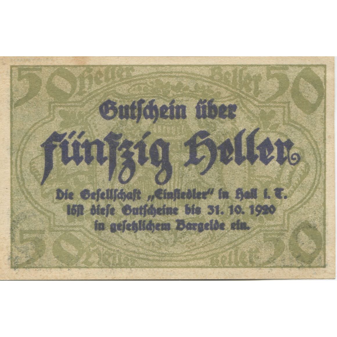 Banknote, Austria, Hall, 50 Heller, rue 1920-10-31, UNC(60-62), Mehl:FS 343a
