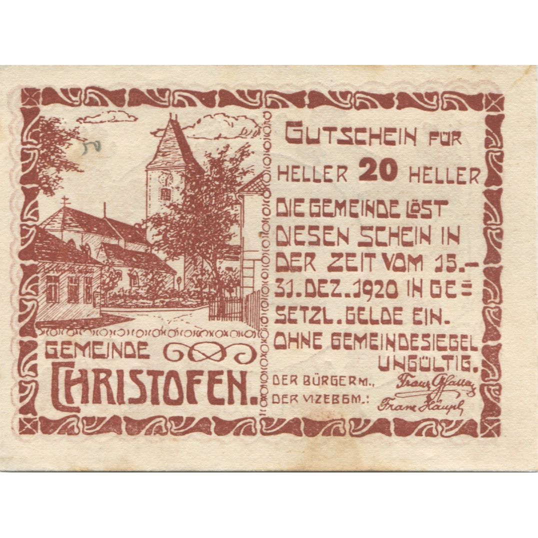 Banknote, Austria, Christofen, 20 Heller, Eglise, 1920 AU(55-58) Mehl:FS 117a
