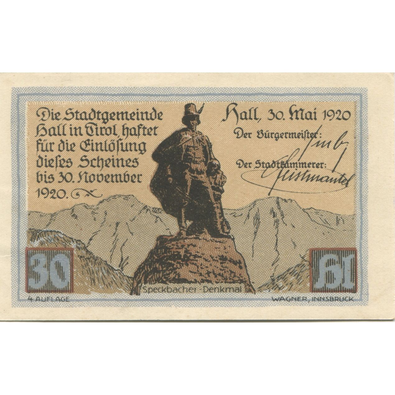 Banknote, Austria, Hall, 30 Heller, statue 1920-05-30, UNC(63), Mehl:FS 342IId