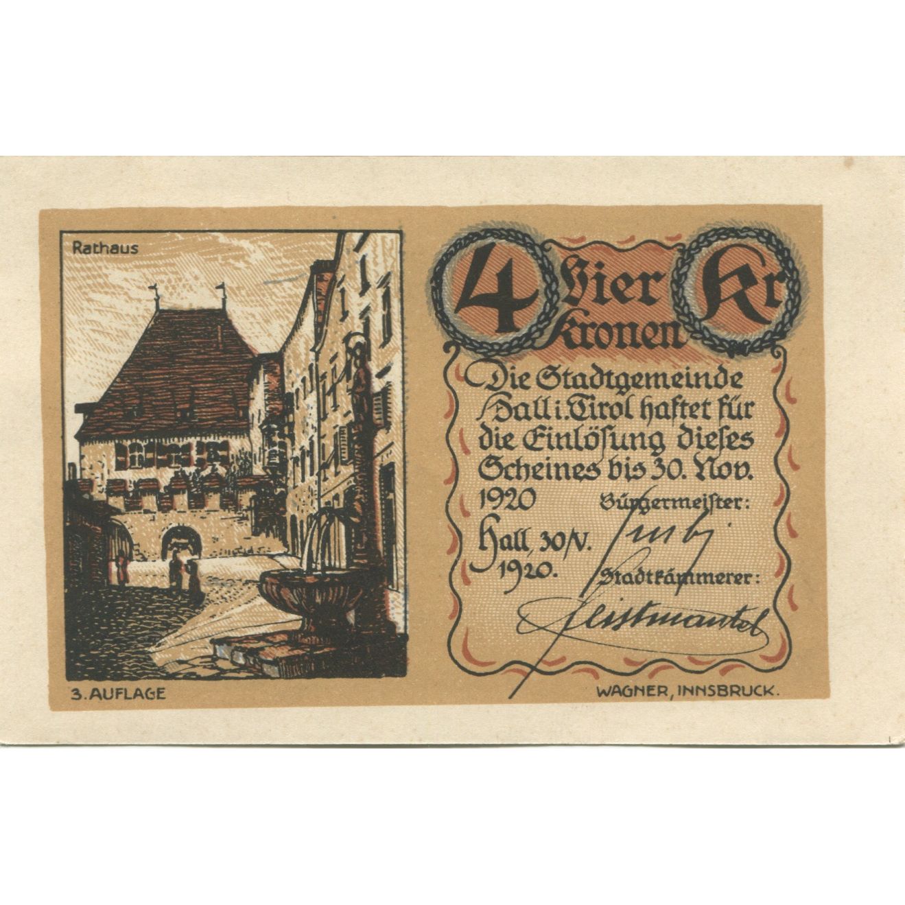 Banknote, Austria, Hall, 4 Kronen, mairie 1920-11-30, UNC(63), Mehl:FS 342IIc