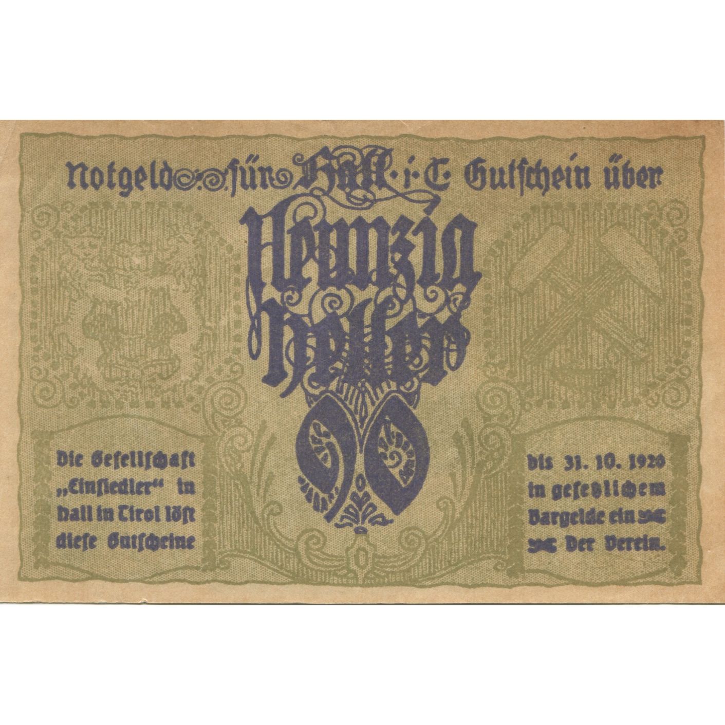 Billete, Austria, Hall, 90 Heller, rue, 1920, 1920-10-31, SC, Mehl:FS 343a