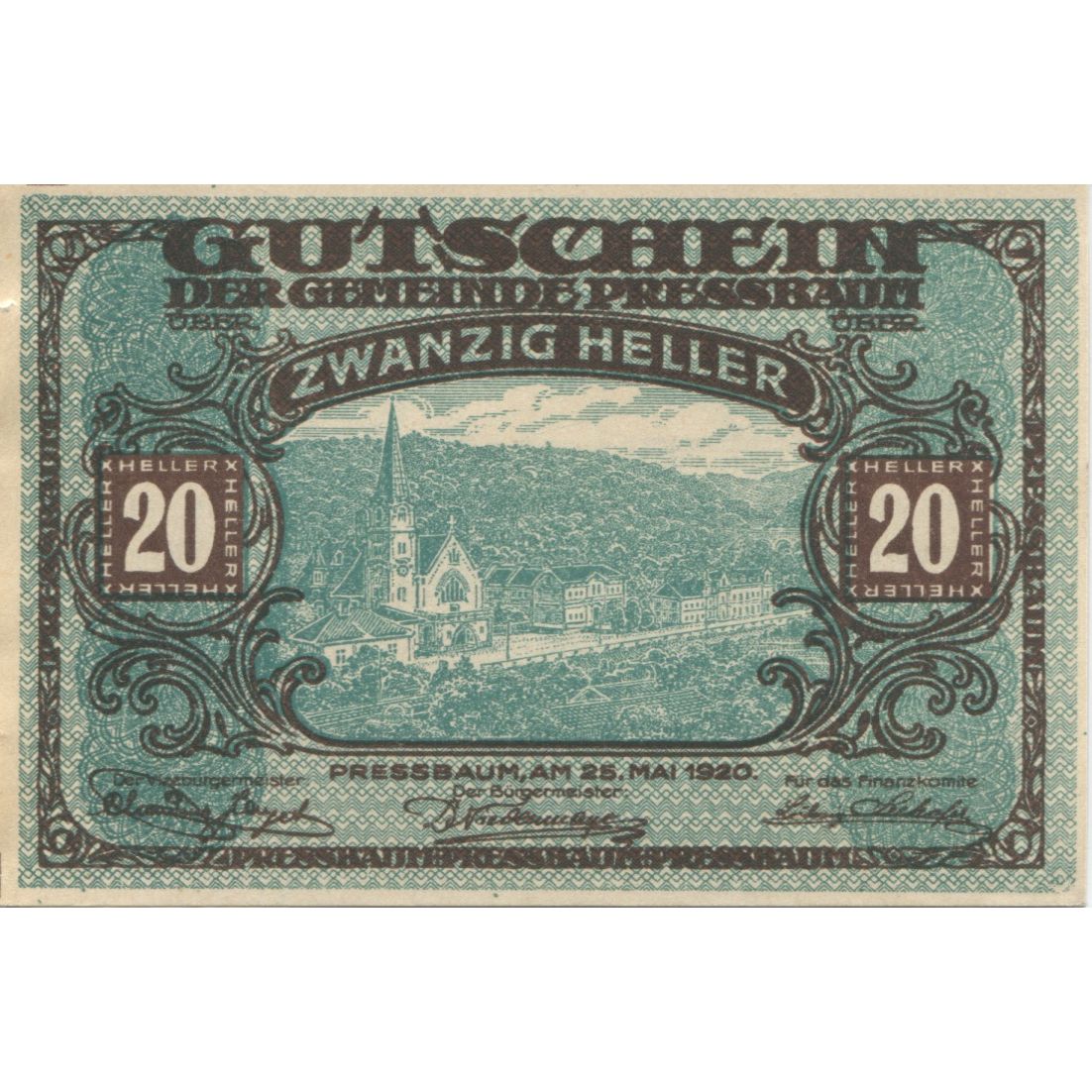Banknote, Austria, Pressbaum, 20 Heller, paysage, 1921 UNC(63) Mehl:FS 784a