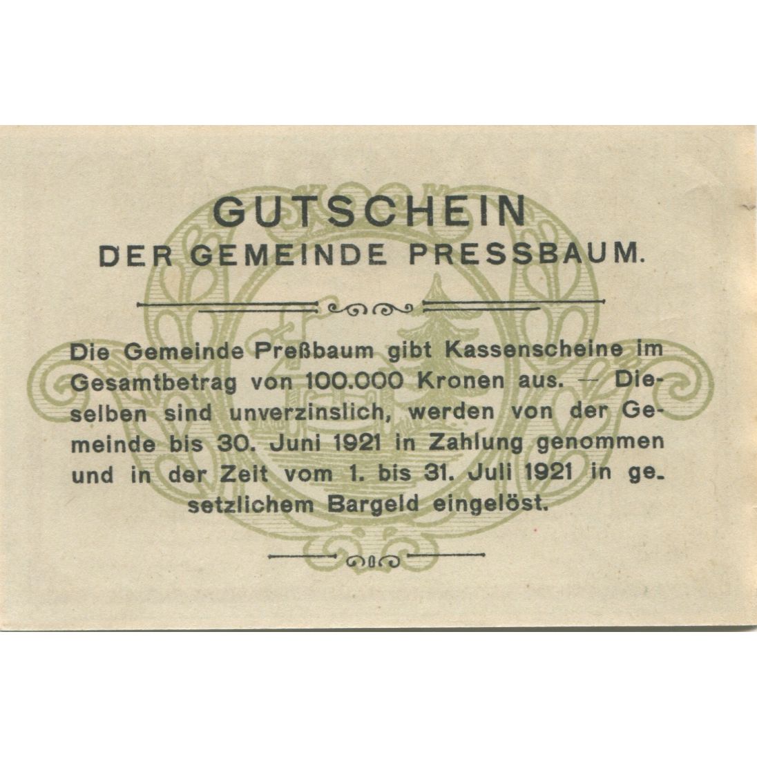 Banknote, Austria, Pressbaum, 20 Heller, paysage, 1921 UNC(63) Mehl:FS 784a
