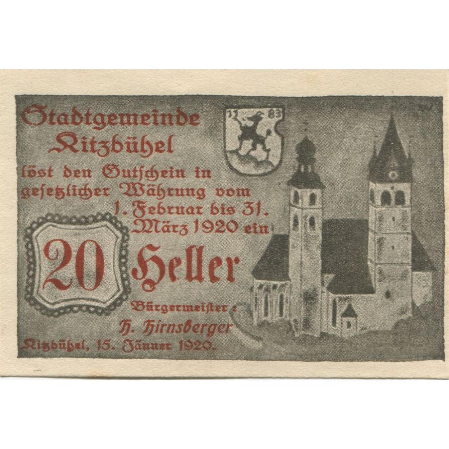 Banknote, Austria, Kitzbühel, 20 Heller, Eglise, 1920 UNC(63) Mehl:FS 449d