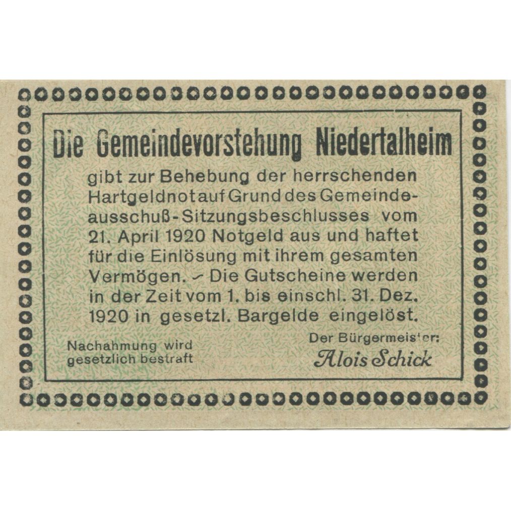 Banknote, Austria, Niedertalheim, 50 Heller, Eglise, 1920 UNC(63) Mehl:FS 672a