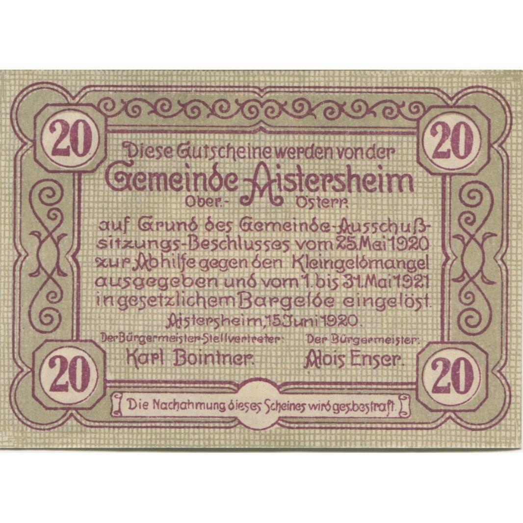 Banknote, Austria, Aistersheim, 20 Heller, Eglise, 1921 UNC(63) Mehl:FS 15a