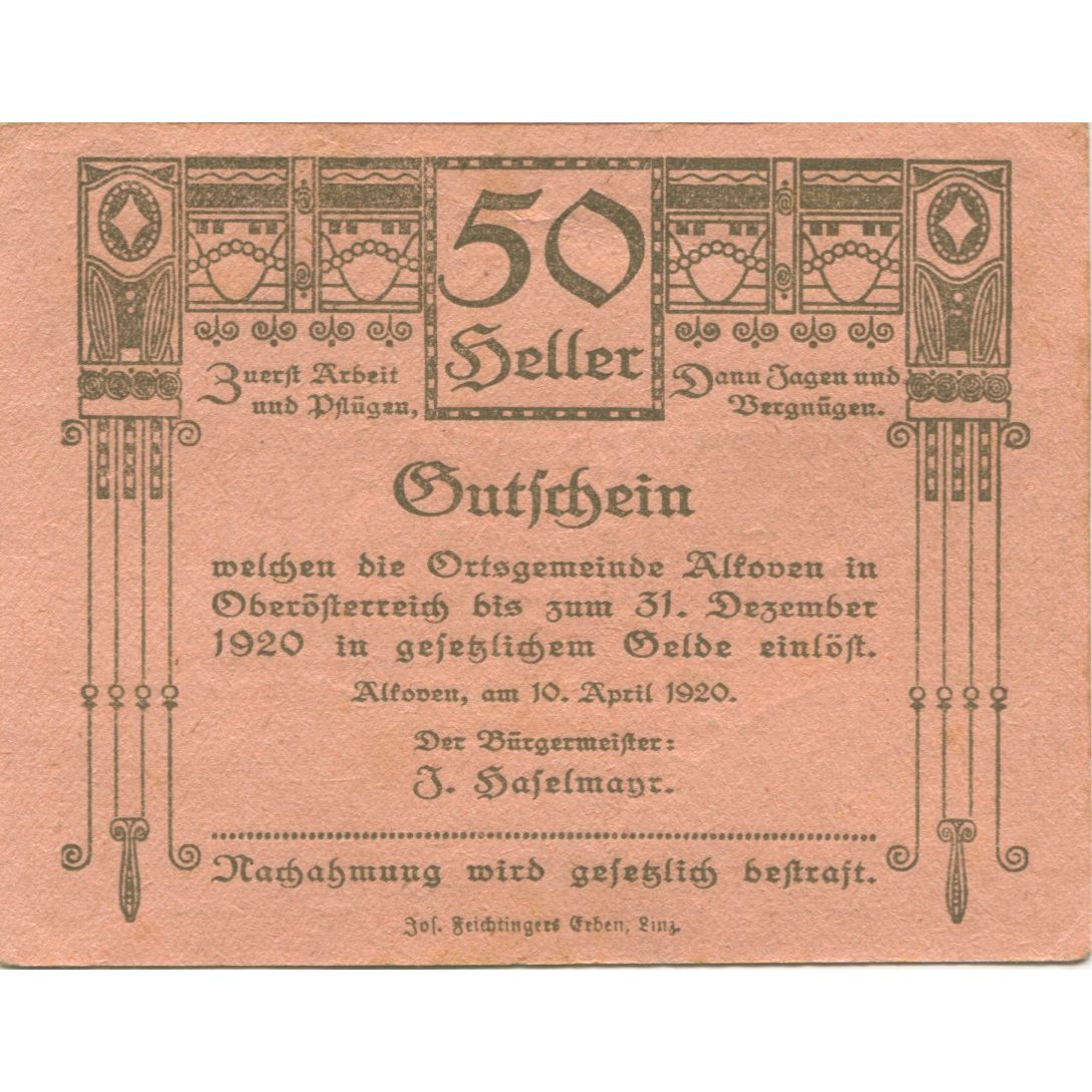 Banconote, Austria, Alkoven, 50 Heller, champs 1920-12-31, SPL- Mehl:FS 18Ia