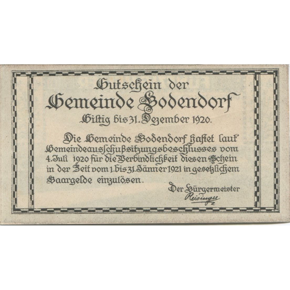 Billete, Austria, Bodendorf, 50 Heller, paysage 1920-12-31, SC Mehl:FS 96IIa