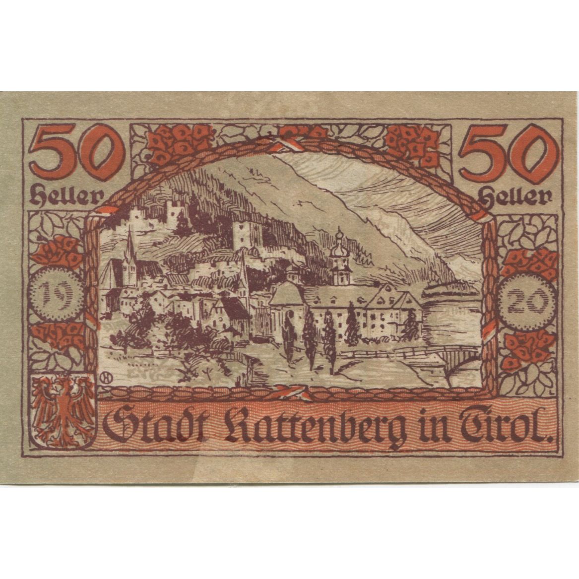 Banknote, Austria, Rattenberg, 50 Heller, statue, 1920 UNC(63) Mehl:FS 821I