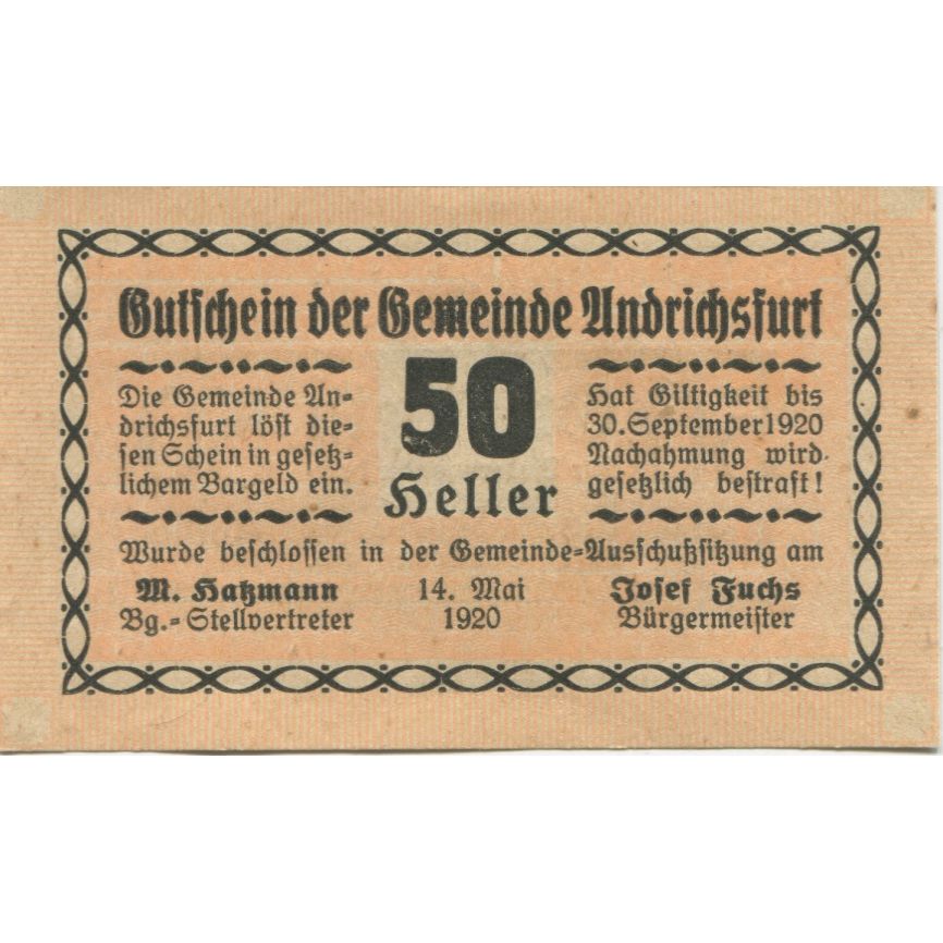 Banknote, Austria, Andrichsfurt, 50 Heller face value 1920 UNC(63) Mehl:FS 41