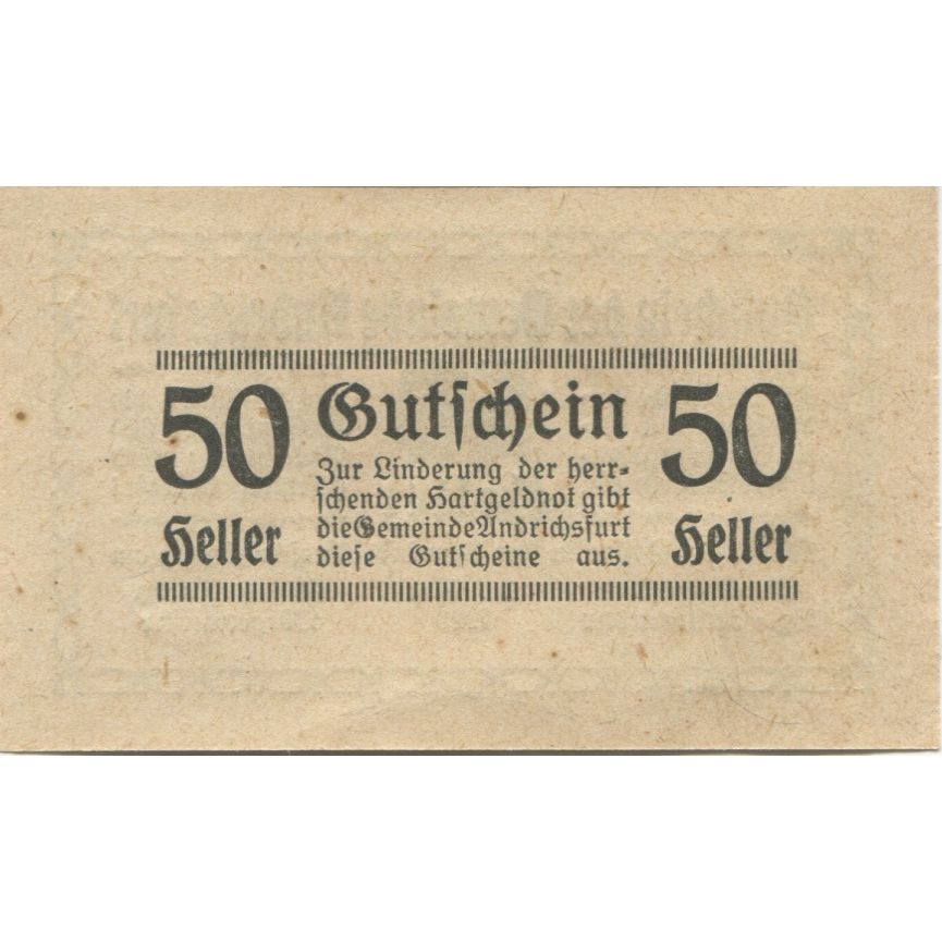 Banknote, Austria, Andrichsfurt, 50 Heller face value 1920 UNC(63) Mehl:FS 41
