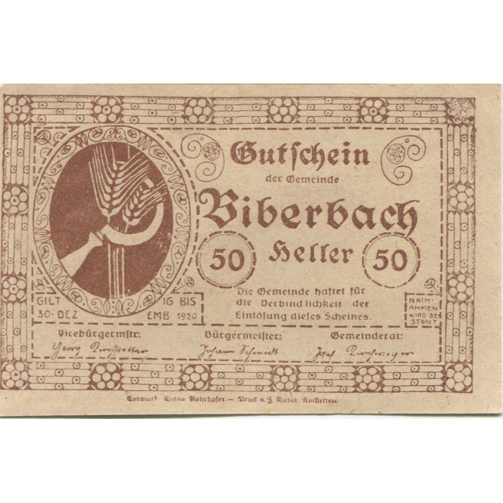 Billete, Austria, Biberbach, 50 Heller, blé 1920-12-30, SC Mehl:FS 86IIc