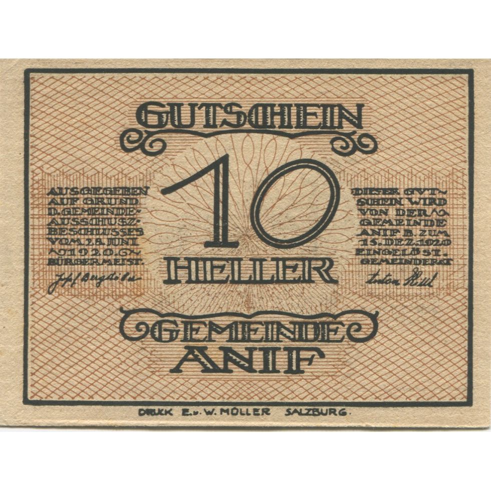 Nota, Áustria, Anif, 10 Heller, Eglise, 1920, 1920-12-15, UNC(63), Mehl:FS 43a