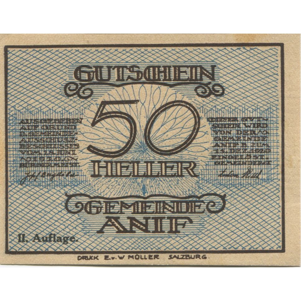 Nota, Áustria, Anif, 50 Heller, porte, 1920, 1920-12-15, UNC(63), Mehl:FS 43b