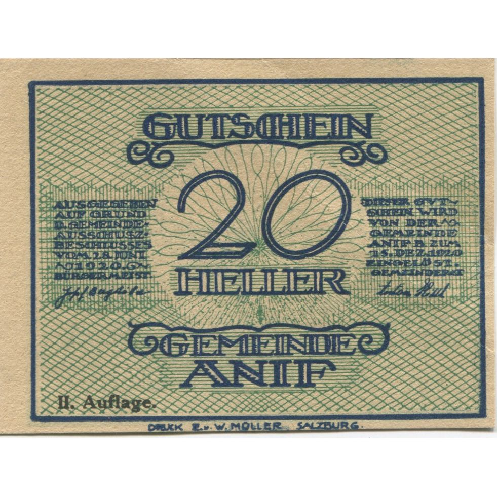 Nota, Áustria, Anif, 20 Heller, Eglise, 1920, 1920-12-15, UNC(63), Mehl:FS 43a