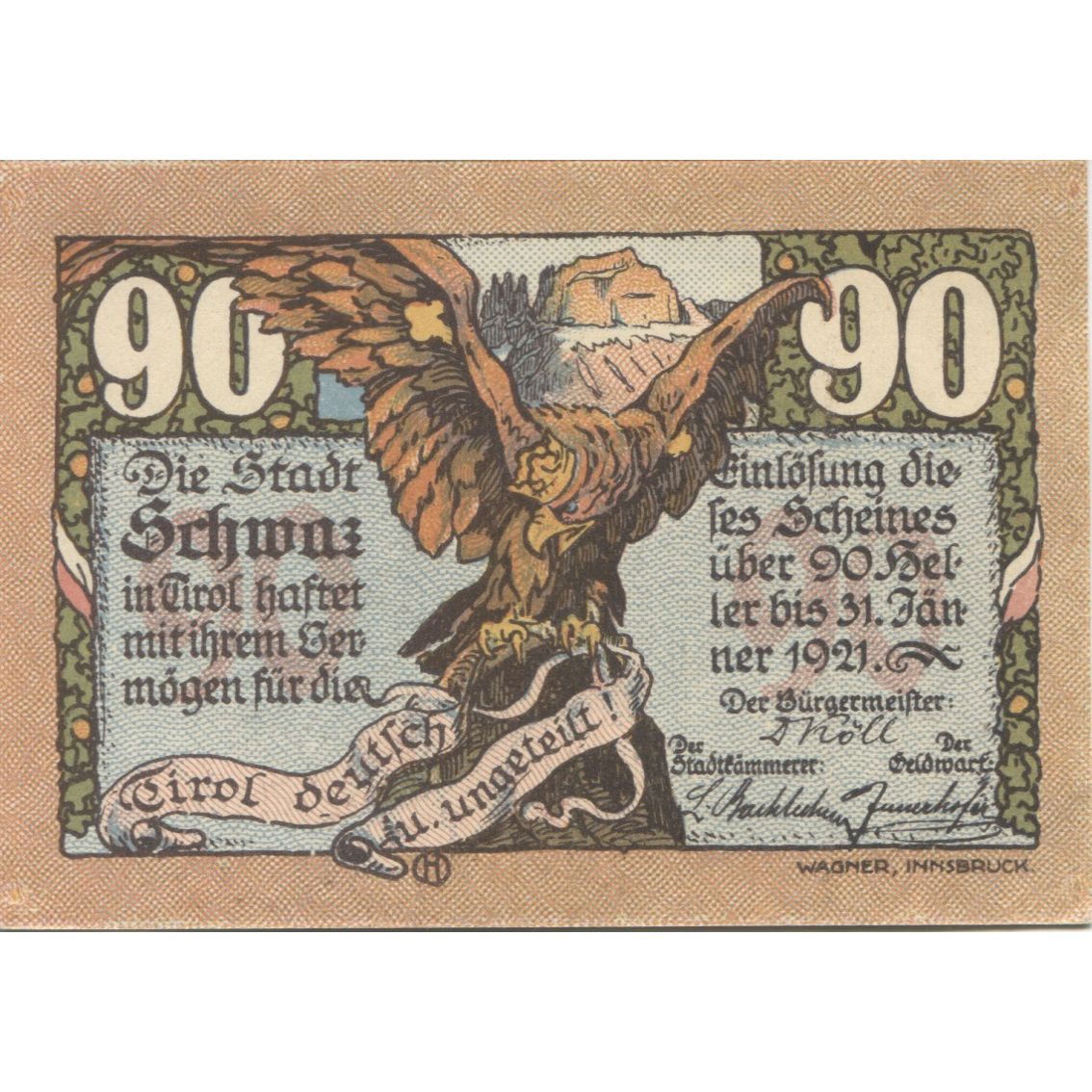 Banknote, Austria, Schwaz, 90 Heller, aigle, 1920 UNC(63), Mehl:FS 983a