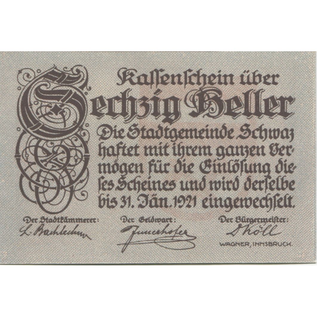 Banknote, Austria, Schwaz, 60 Heller, aigle 1920-12-31, UNC(63) Mehl:FS 983c